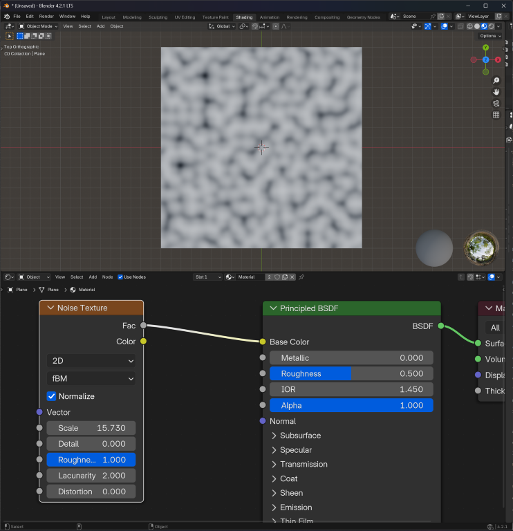 The Noise Texture in Blender displayed as a node in the shading graph with the material visible on a Plane displaying the result of the noise texture.