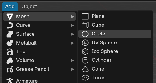 The Add dropdown with the top available mesh objects (like plane or circle)
