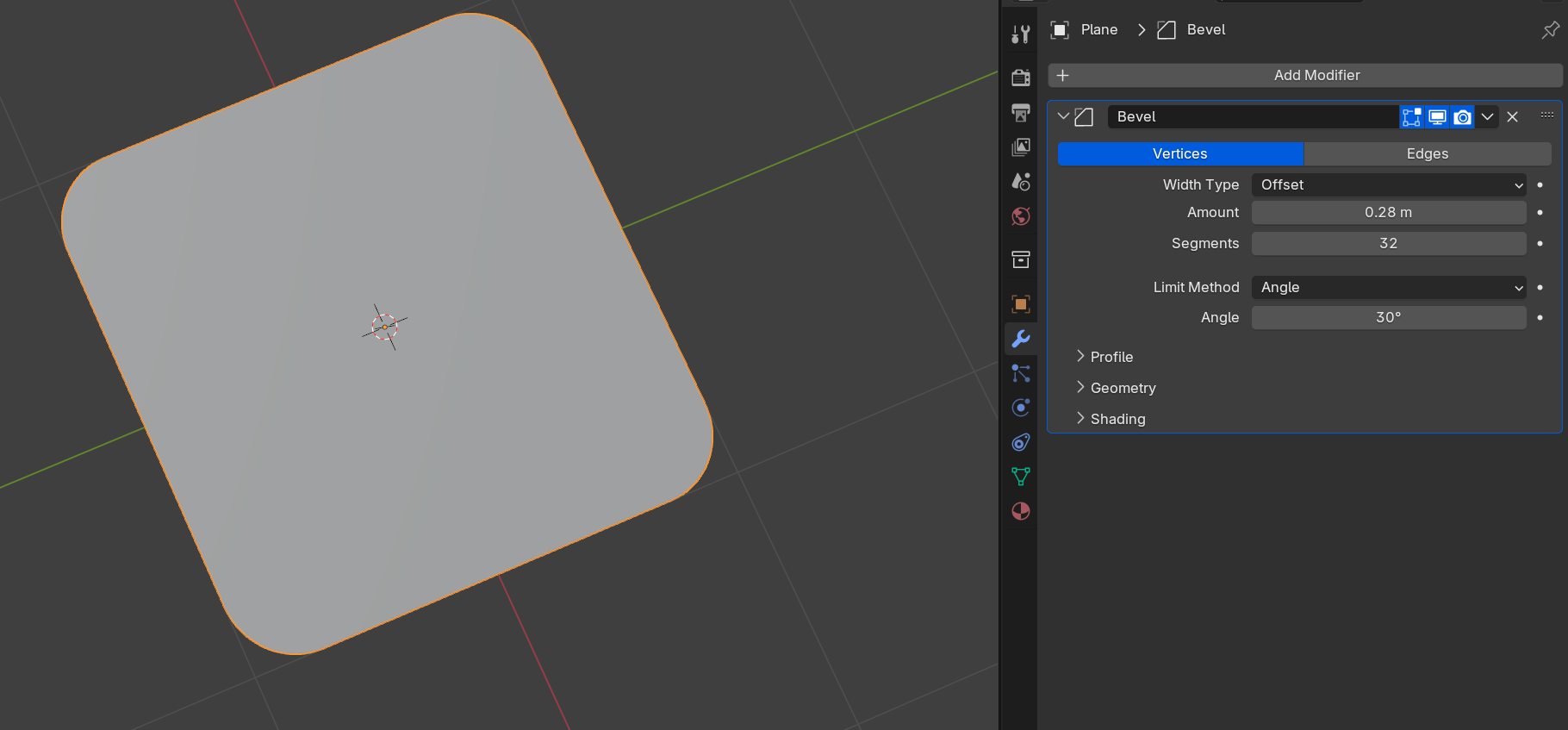 A Plane object turned into a rounded rectangle with a Bevel modifier visible in the sidebar on right