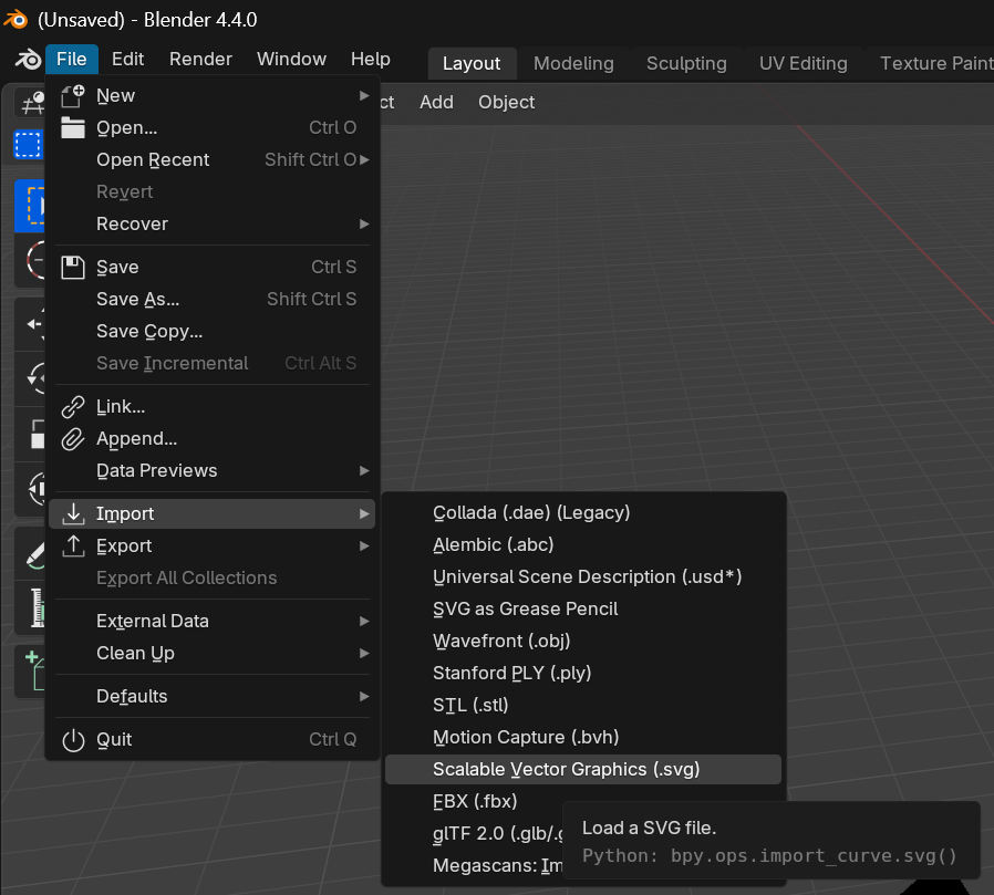 The SVG import option highlighted in the File menu dropdown
