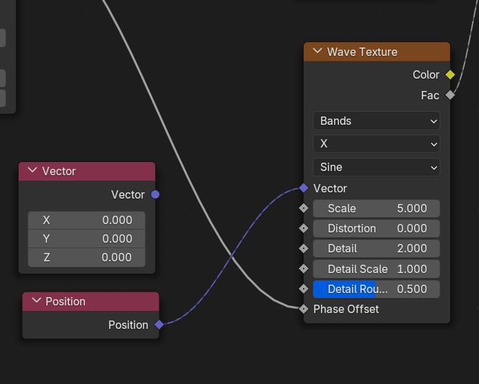 The Position node connected to the Wave Texture’s Vector input.