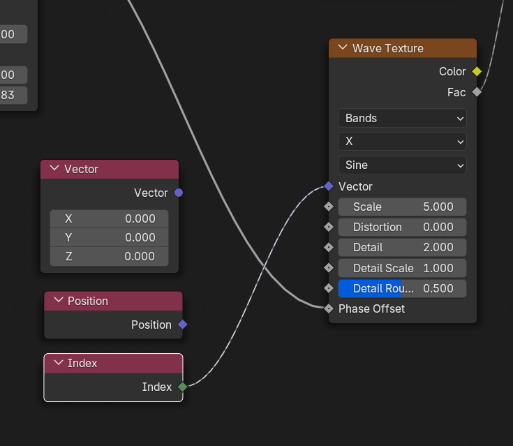 The Index node connected to the Wave Texture’s Vector input.