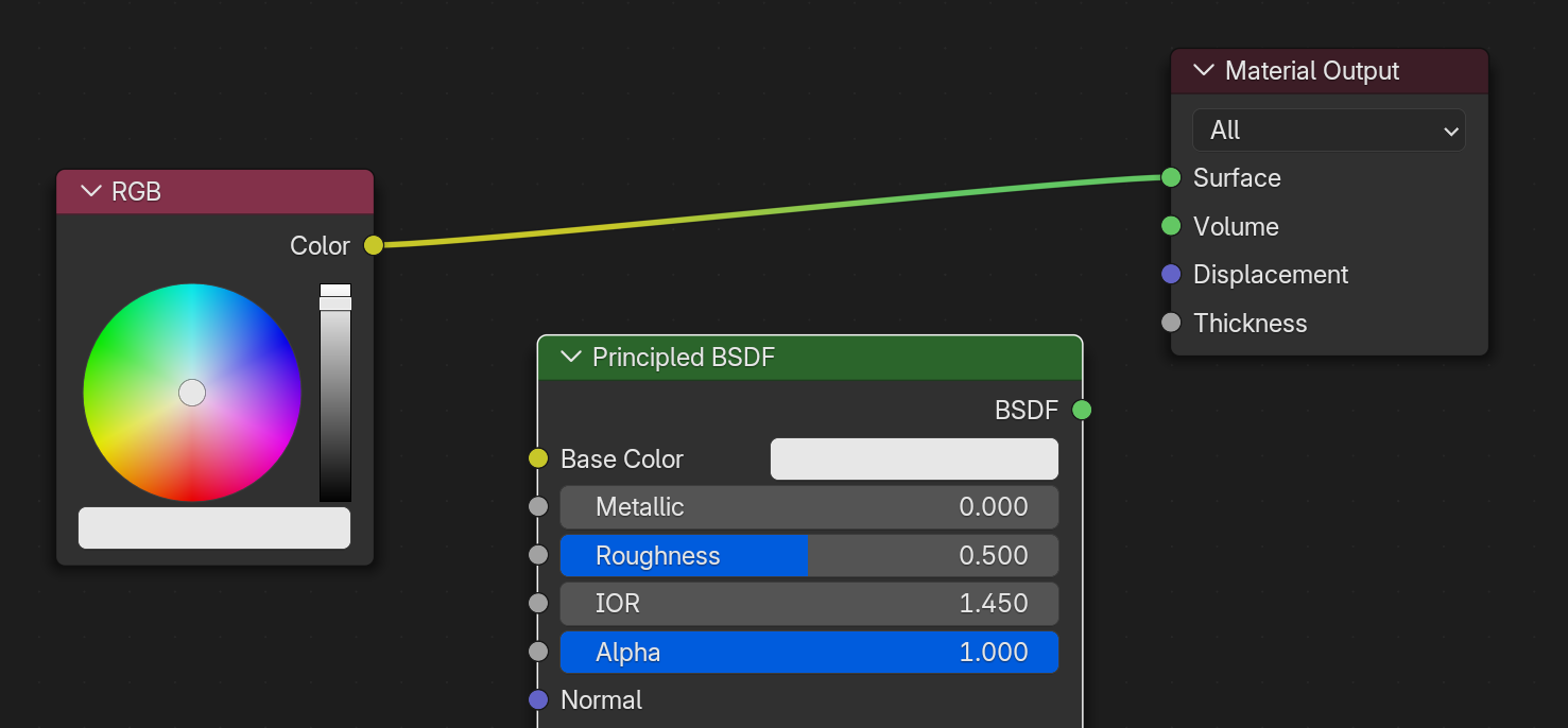 A RGB node connected directly to the Output in the Shader graph.