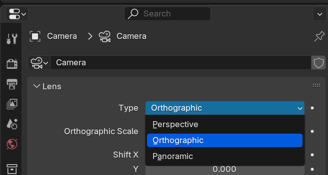 The Properties panel on the Camera tab with the Lens Type dropdown expanded and the Orthographic option selected.