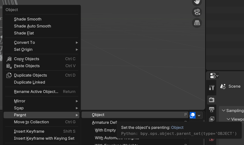 The right click menu from the 3D Viewport with the Parent menu option selected and Object selected in the sub dropdown