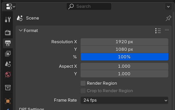 The Output Settings panel with the Format section expanded to show Resolution