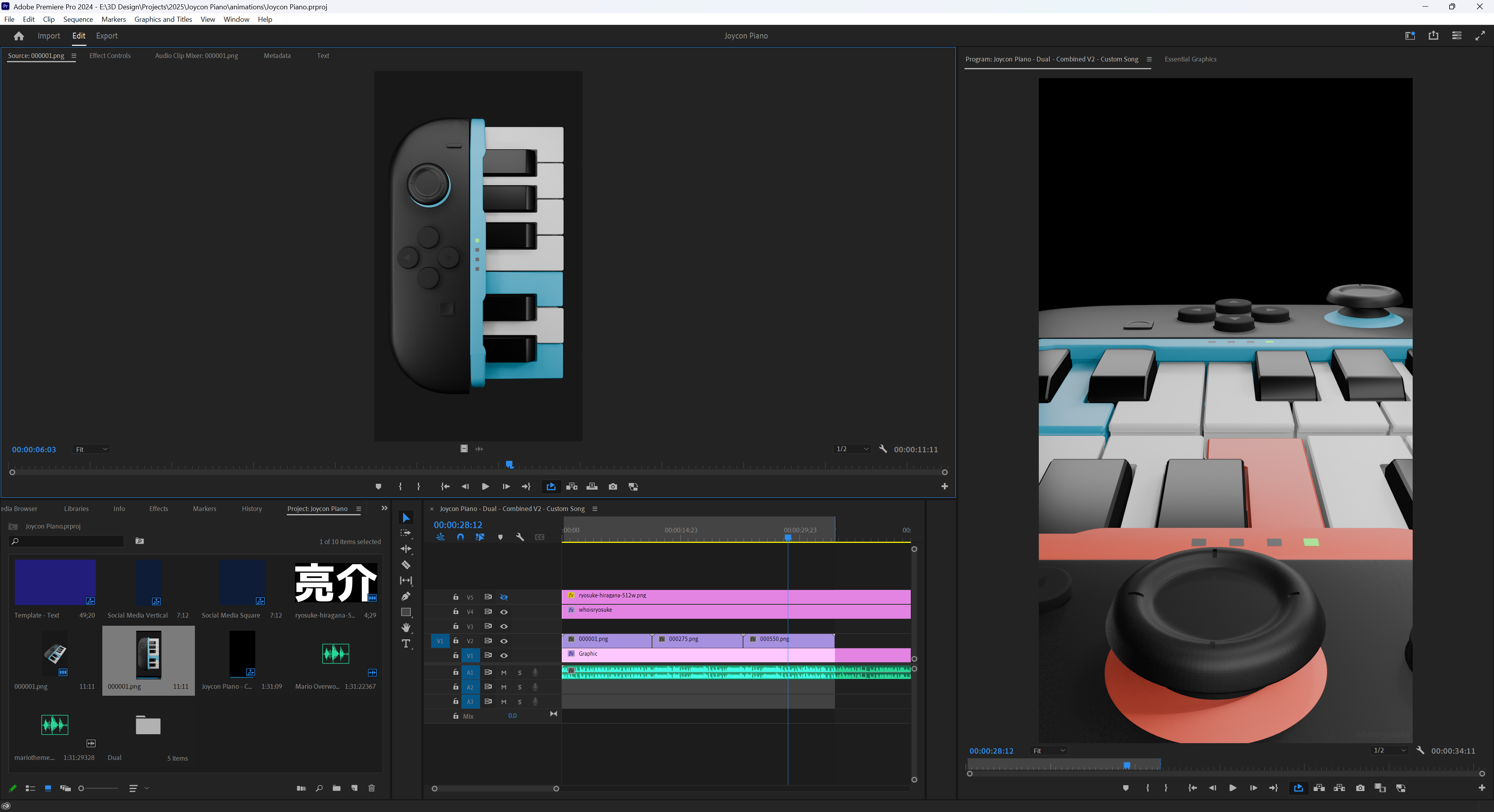 Adobe Premiere Pro with my Joycon 2 Piano animation project.