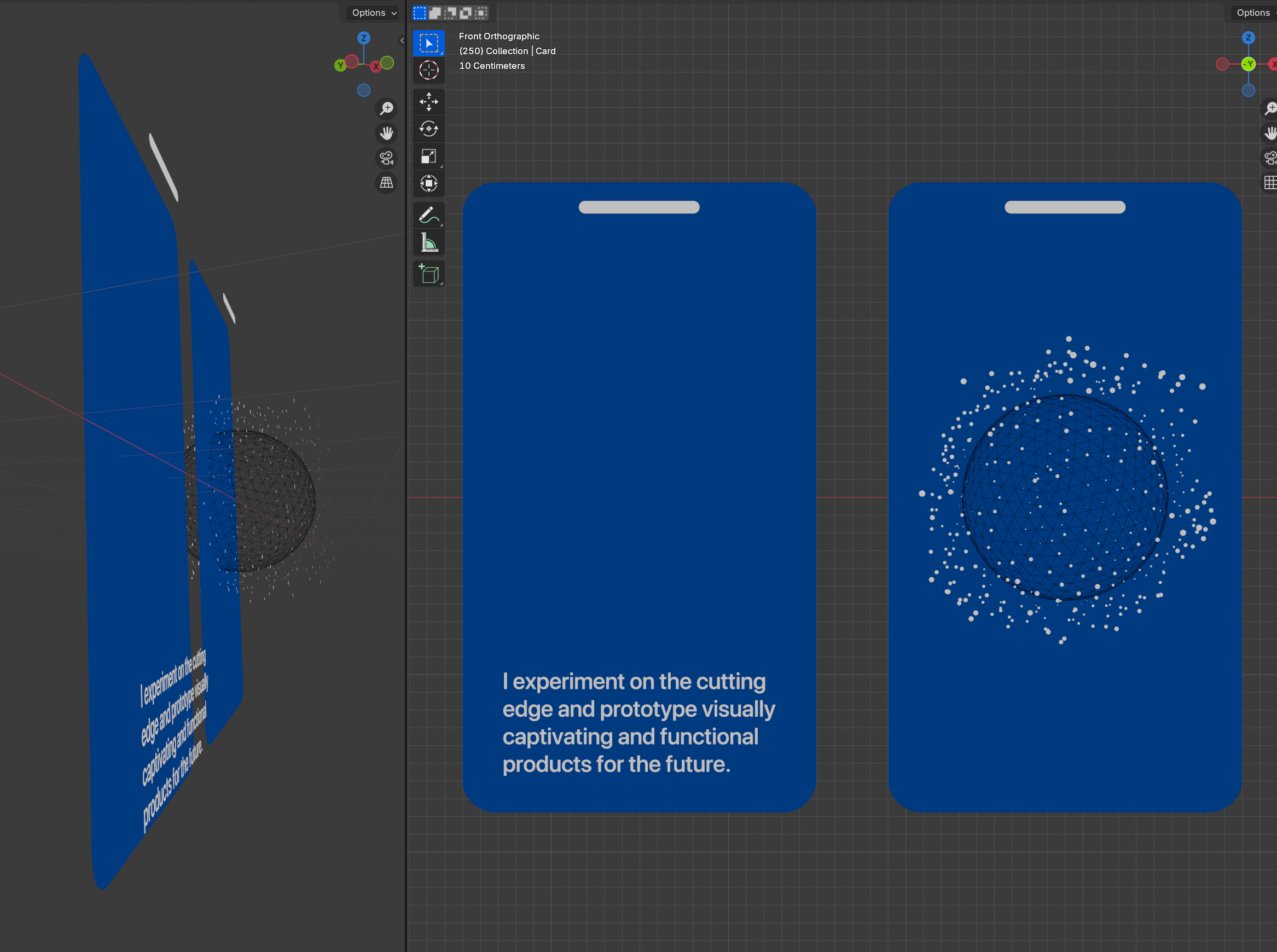 3D viewport in Blender with a blue rounded rectangle, text, and an iPhone notch shape in an exploded view