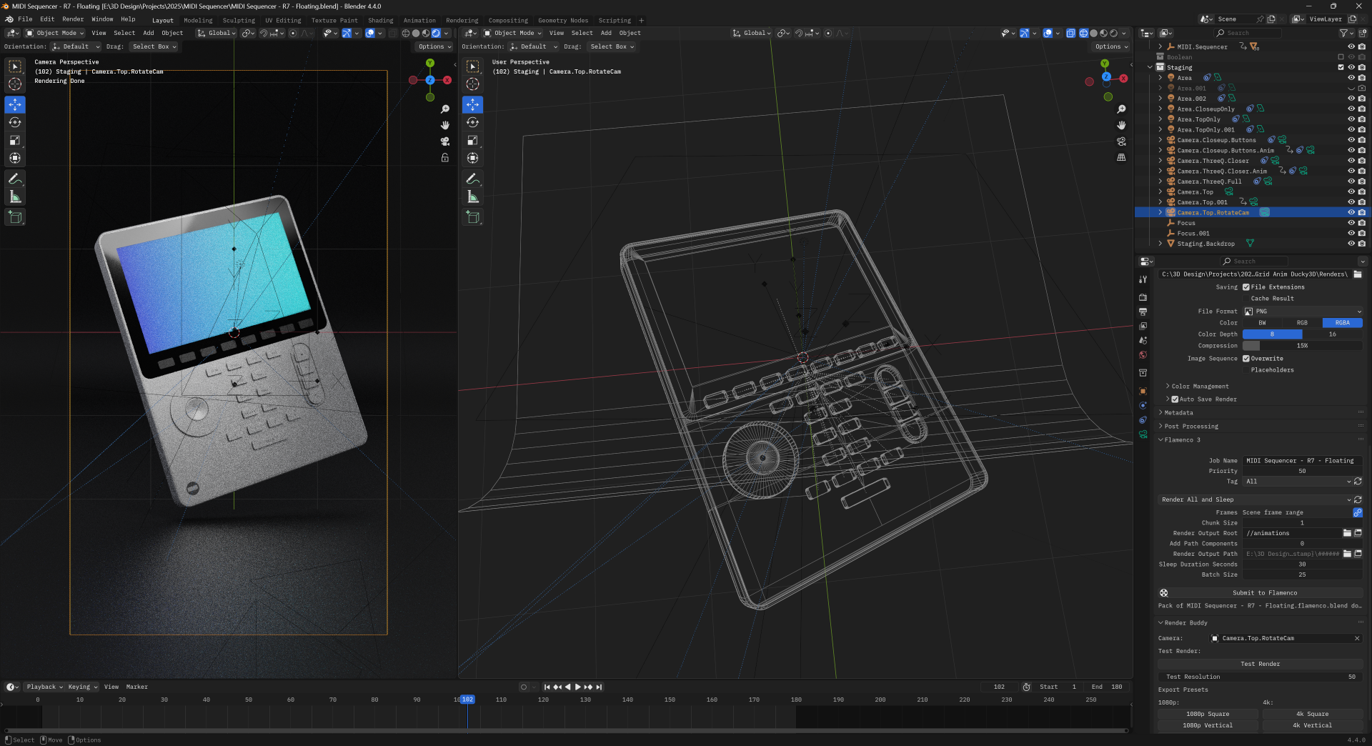 Blender open with 2 3D viewports side by side. Left is rendered, right side is wireframe. The scene contains the MIDI device floating in space above a curved background plane.