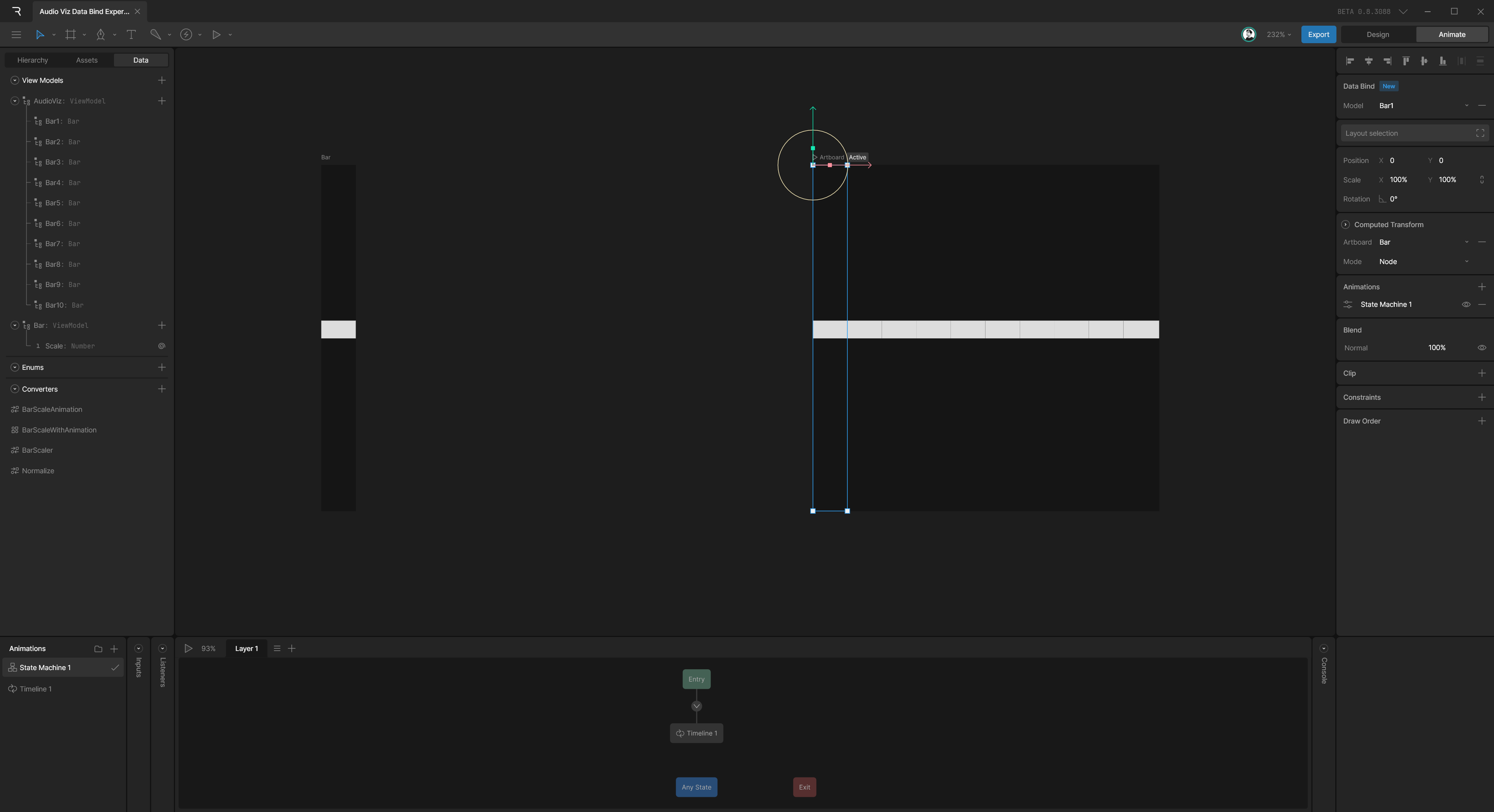 Rive app with a bar component and canvas using 10 of those in a row