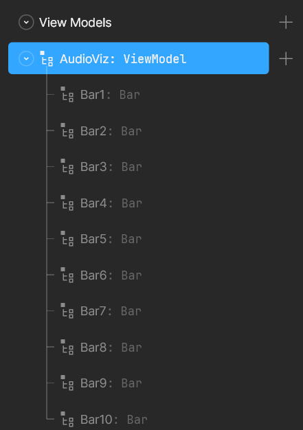 A list of view models in the Rive App for each individual bar