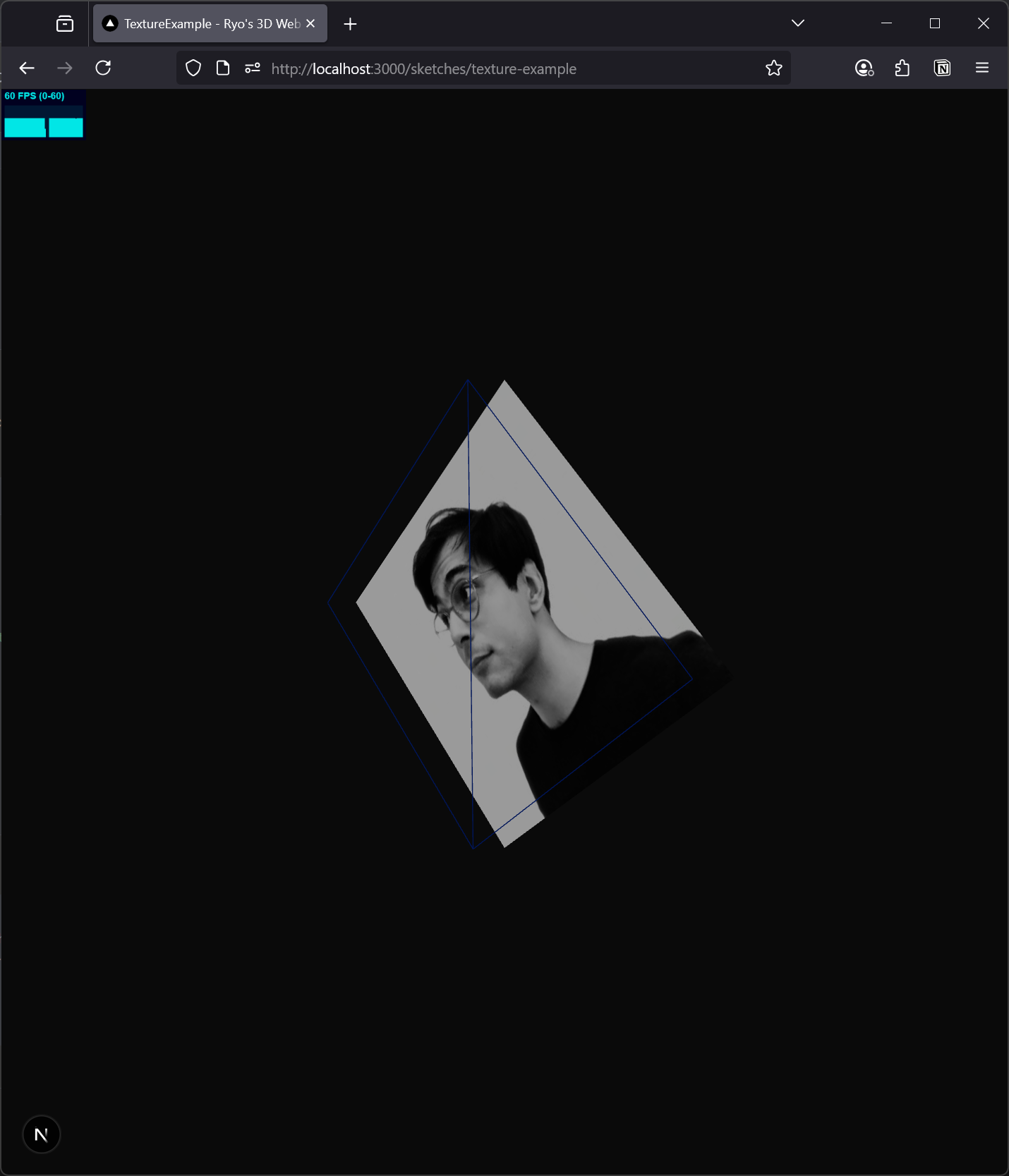 A web browser with a local web app loaded. A canvas is rendering a 3D plane with a texture of my avatar mapped to it. A blue wireframe version of the plane is offset in front.
