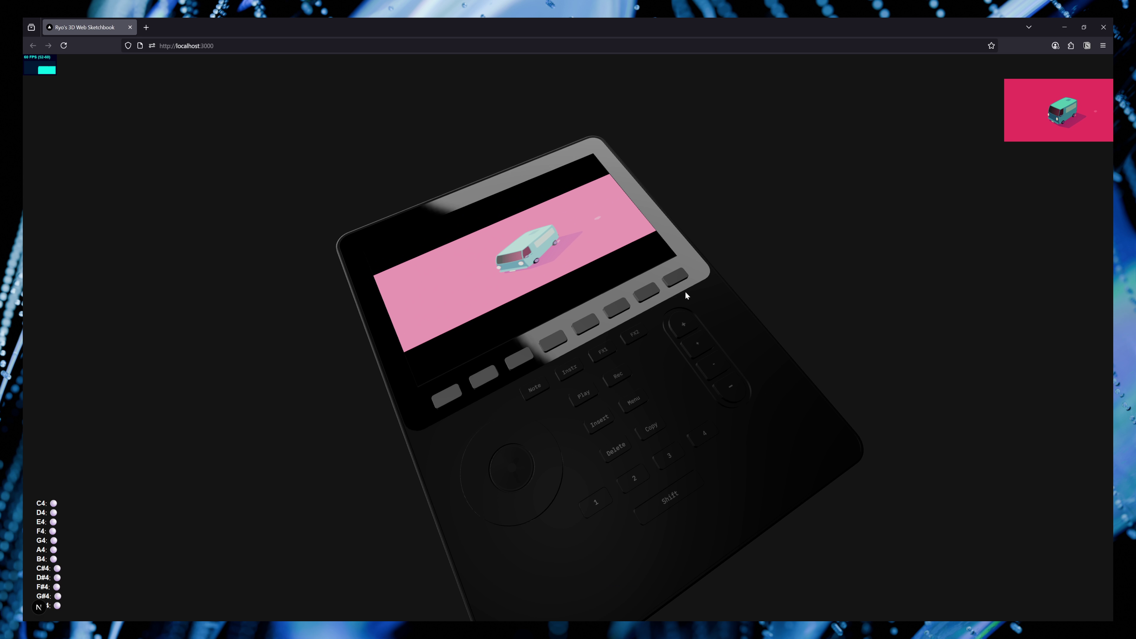 Rive car example rendering as a screen in a 3D scene in a web app