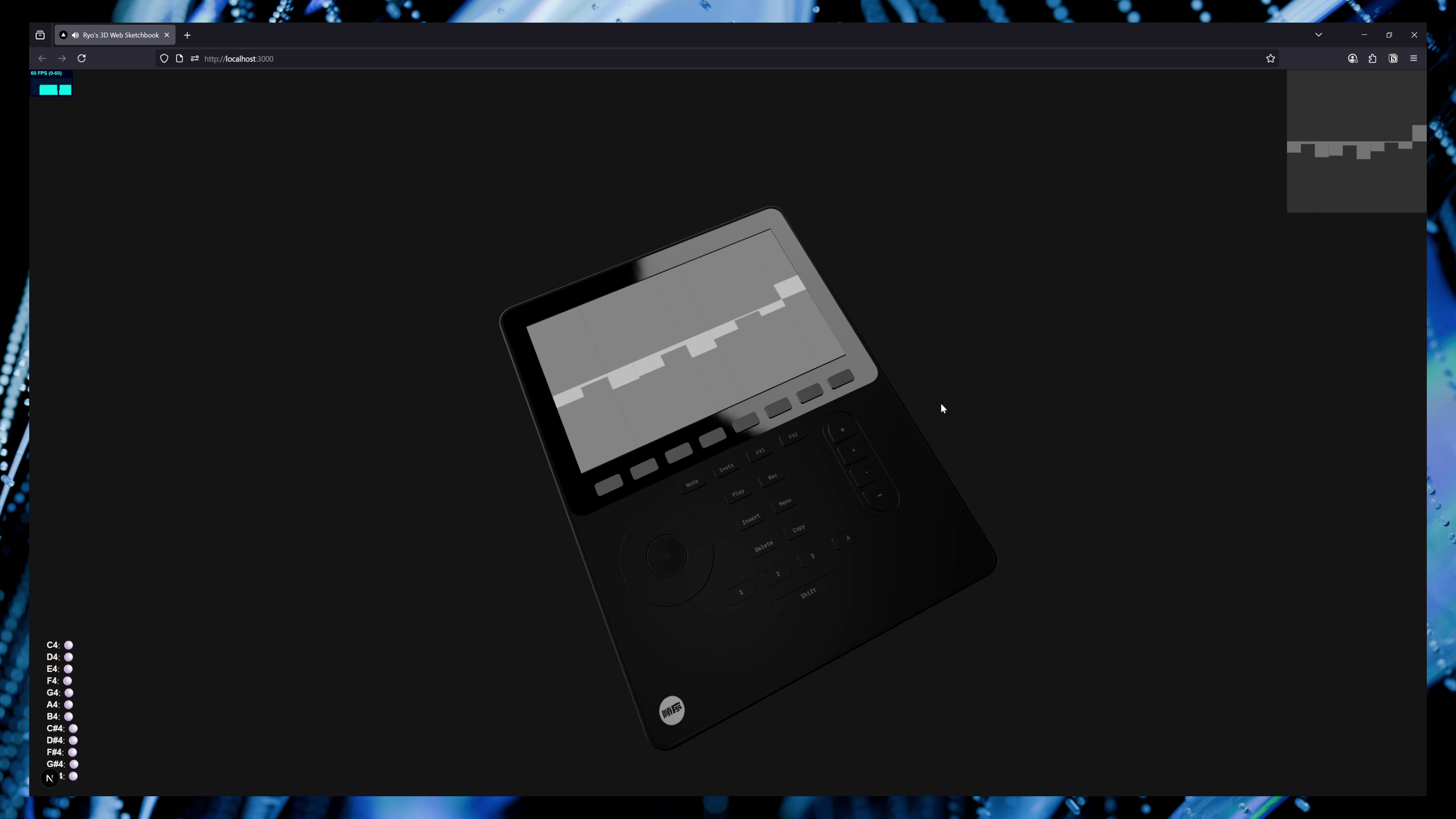 A custom waveform rendering with Rive and synced to a 3D screen rendered with ThreeJS