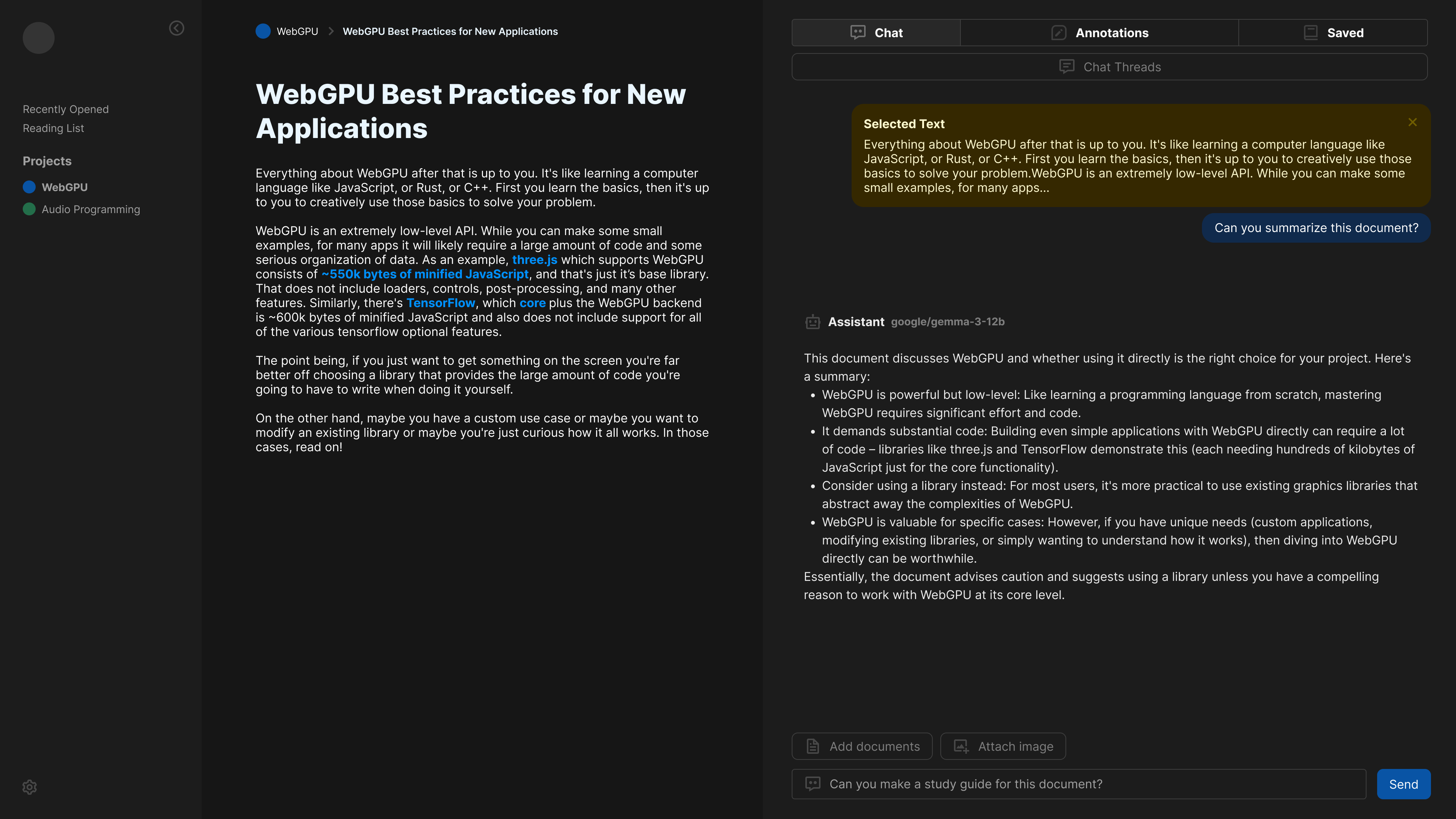 An example of the document page of the app, along with a chat screen on the side with a conversation with an agent featuring selected context from the document.