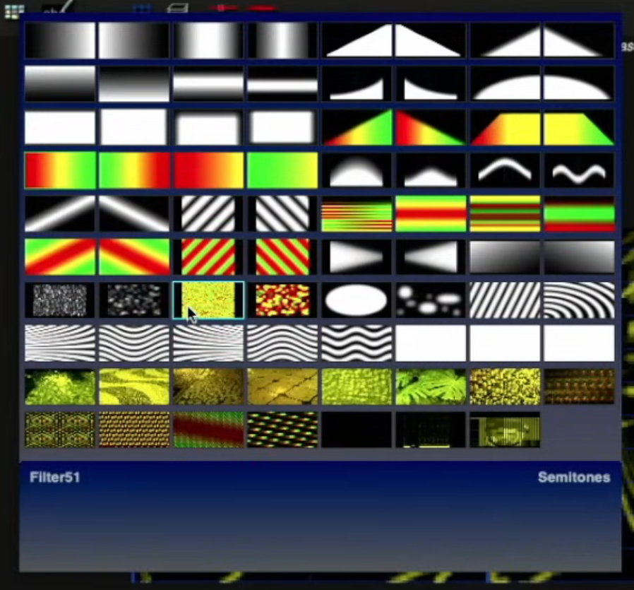 A 8 by 10 grid of presets from the Metasynth app, like a red to yellow to green horizontal gradient.