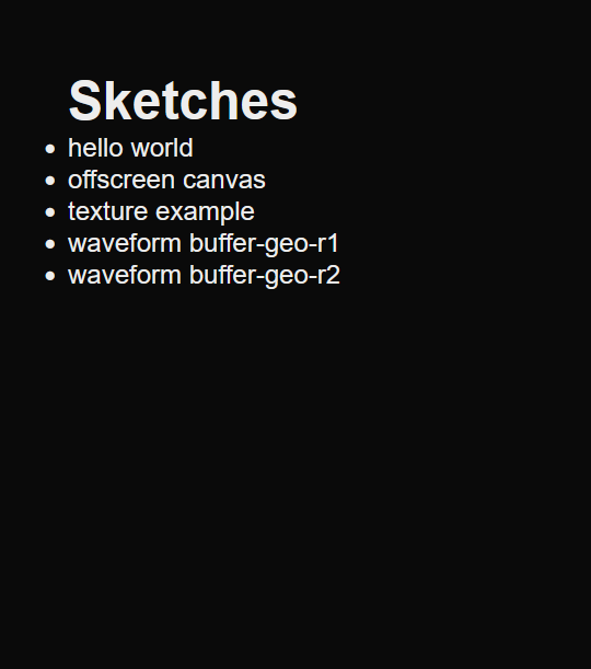 A black web page with a simple list of links to prototypes