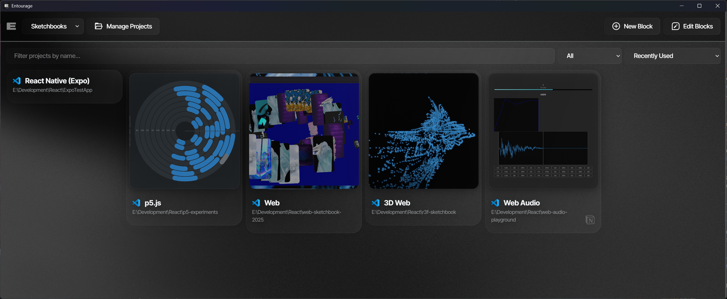 The Entourage app with 5 cards in a row representing different sketchbooks.