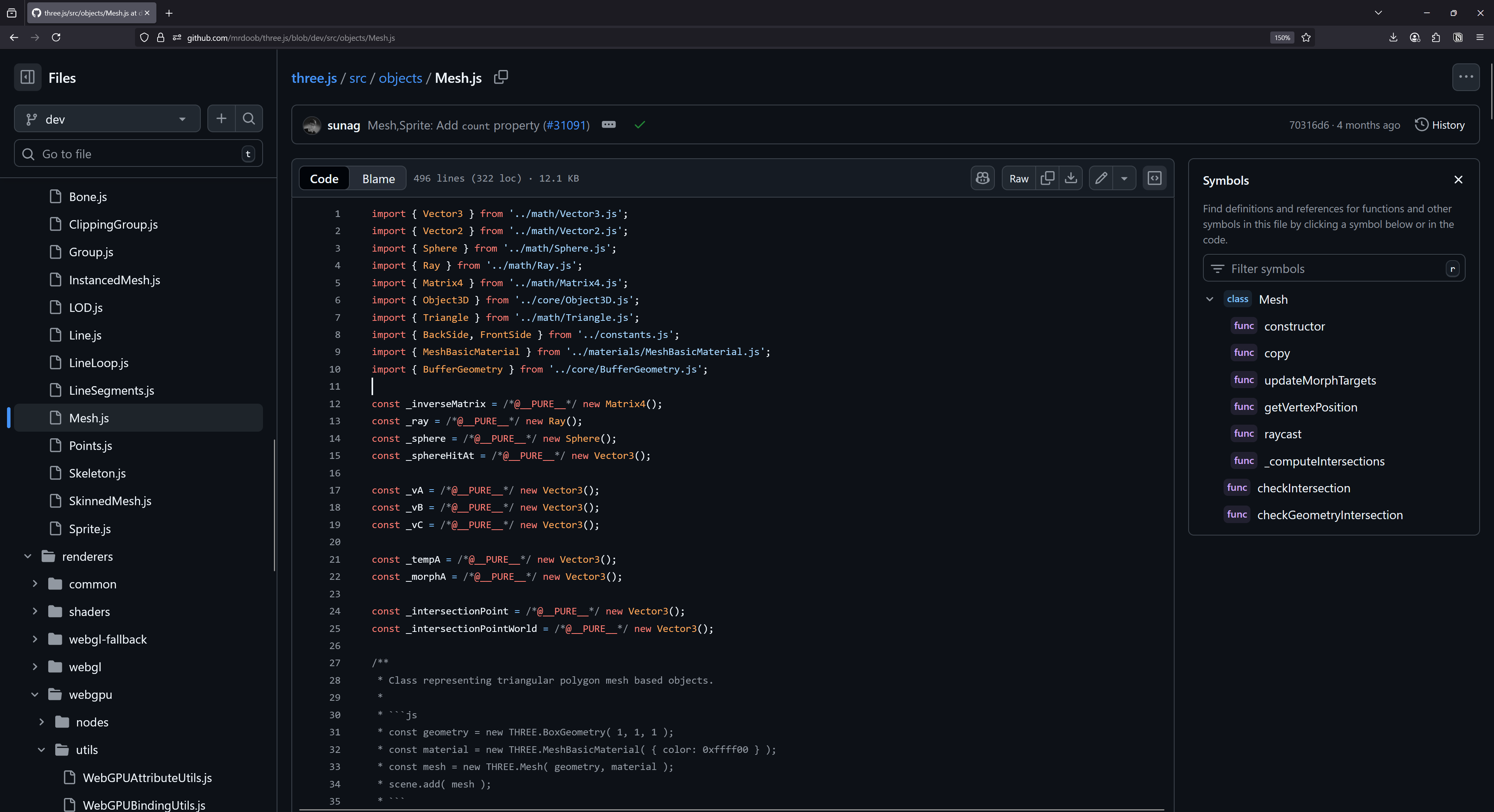 Screenshot of the ThreeJS repo on the Mesh class. There’s a long list of modules in the sidebar, and the file itself has 12 dependencies - as well as some interesting “PURE” comments that hint at build artifacts. 