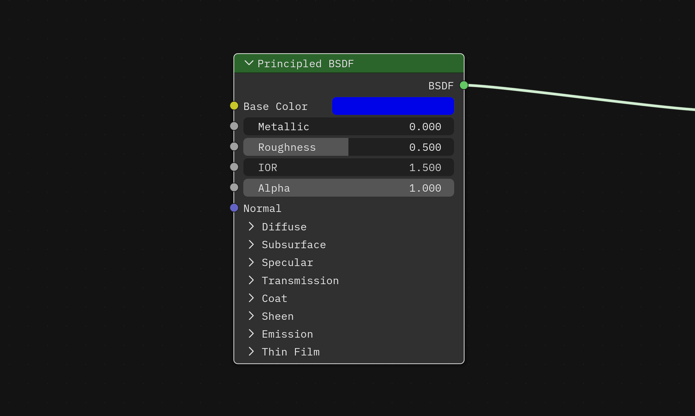 The Principled BSDF node in Blender. It’s a box with a list of material properties and associated input (like a color picker for the Base Color property), with several properties condensed into accordion style toggle components.