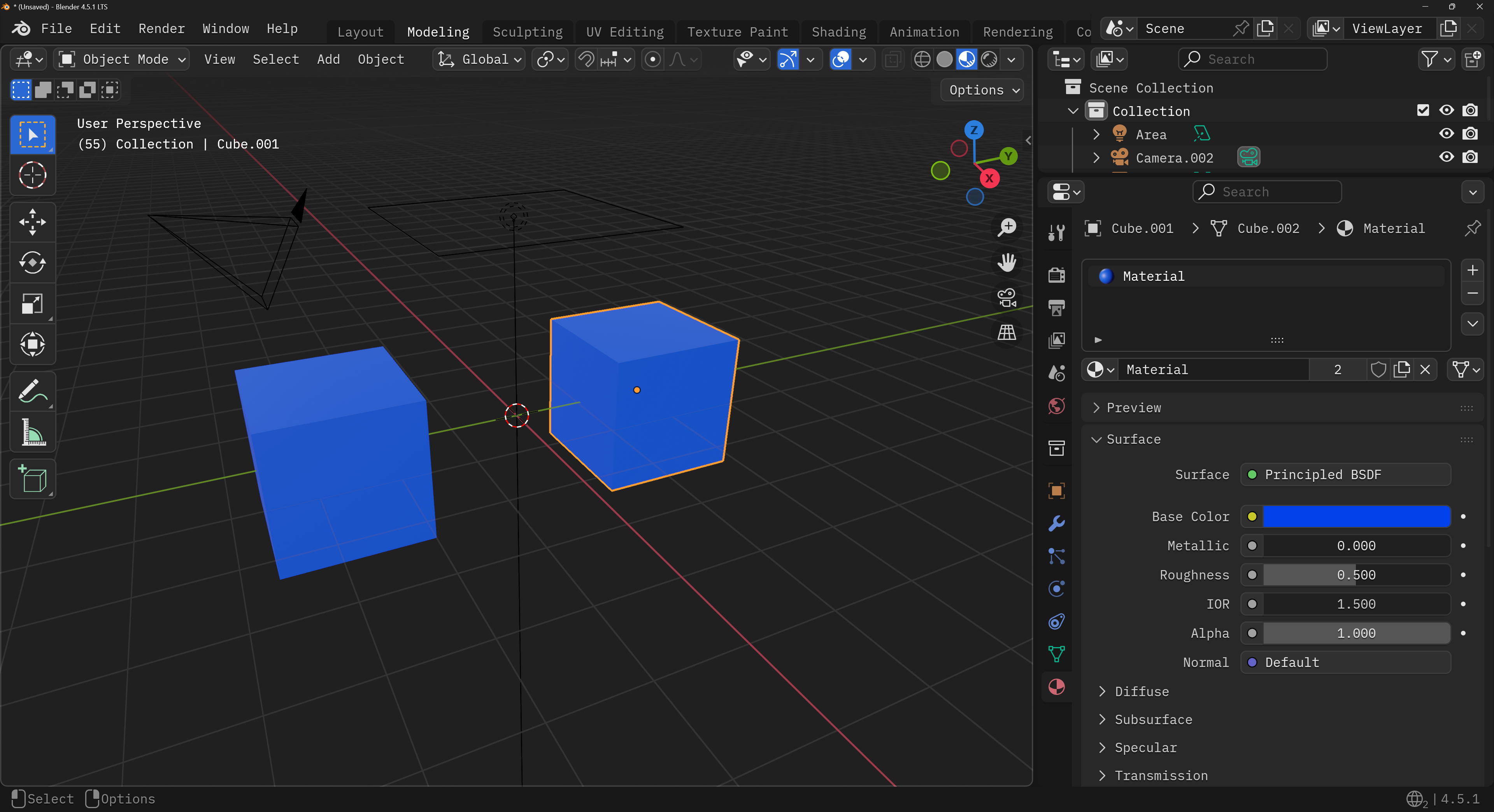 Two cubes in Blender sharing the same material, so they’re the same color blue.