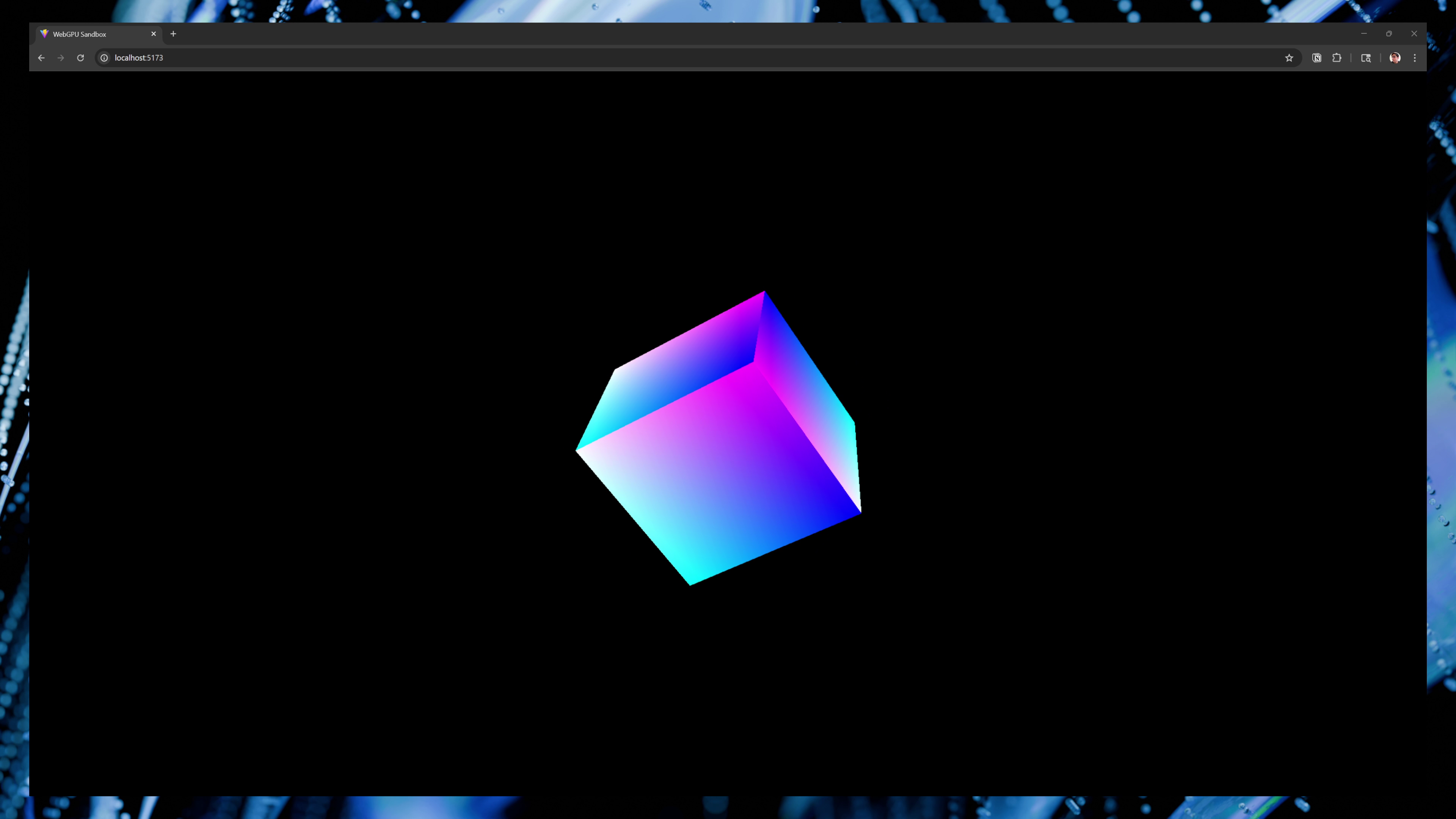 A cube rendered using a Geometry class. It’s blue and pink from using normal data as colors.
