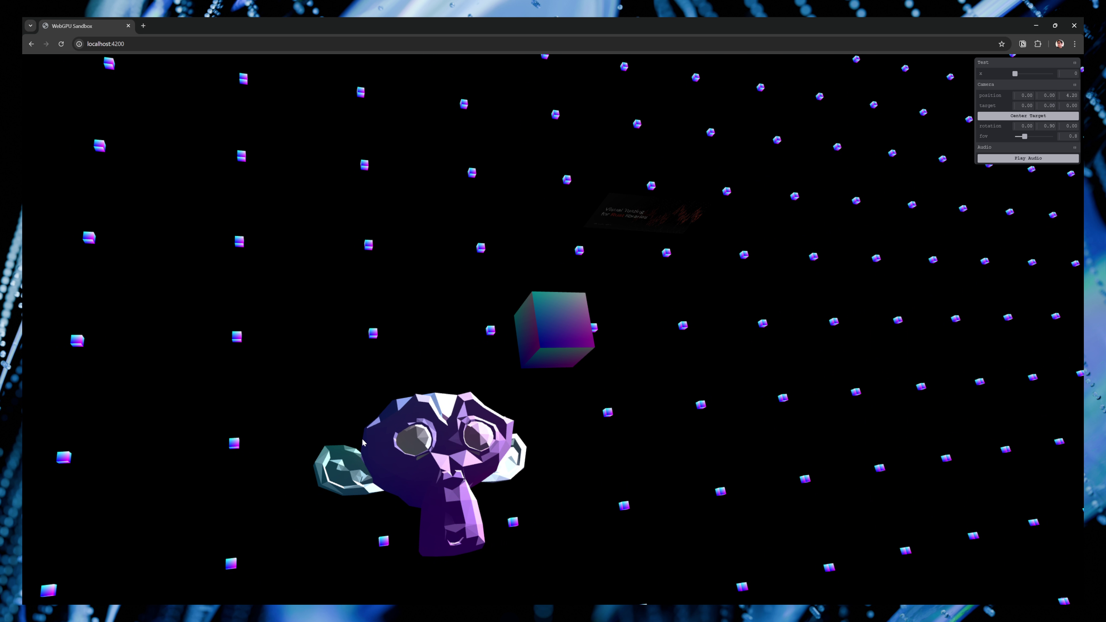 3 objects in a 3D scene in the web browser. Suzanne the default monkey head from Blender, a cube, and a plane with an image texture. Each is floating side by side along a diagonal line. 