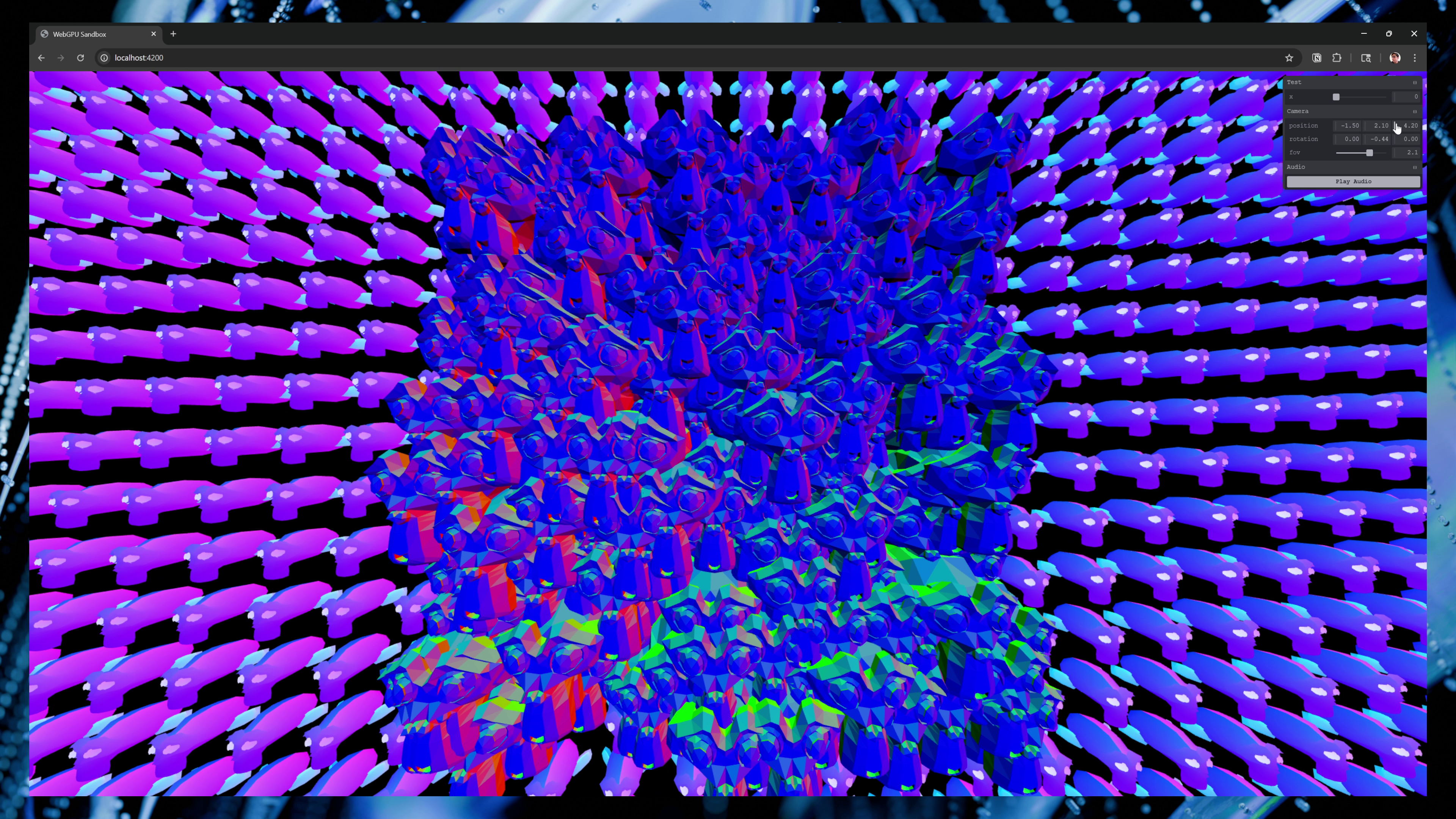 3D scene in a web browser. Suzanne monkey head model is used as particles in background spread in an even grid. In the center, several heads are placed close together randomly to create a square mass of faces.