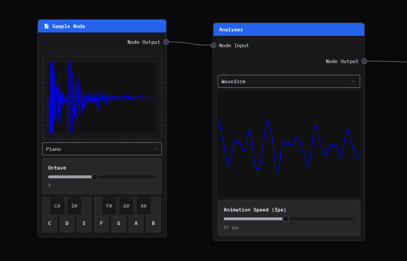 A web app with a node graph representing audio elements, with a sample node showing a static waveform and an analyser showing the live waveform based on FFT data.