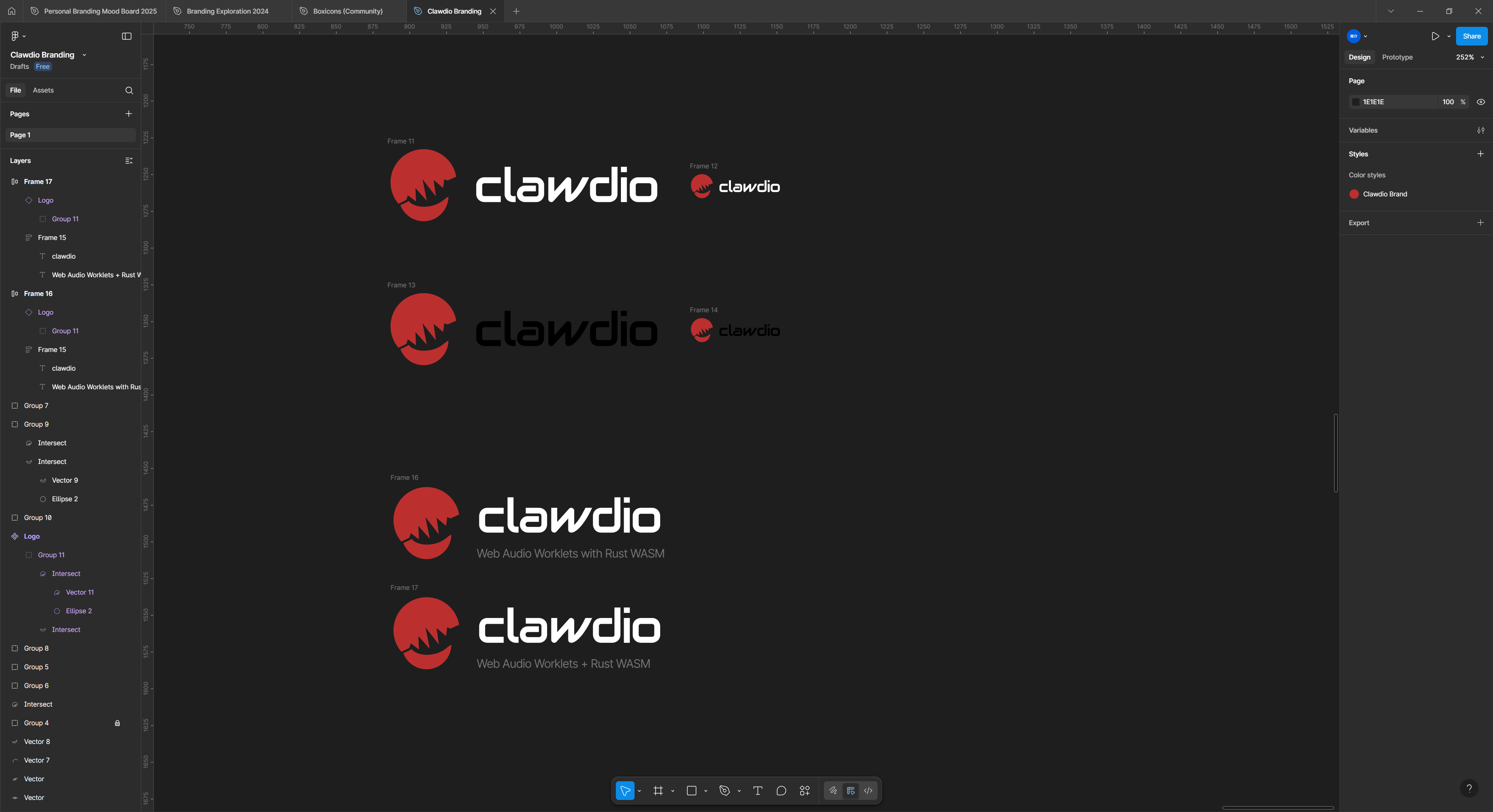Figma open with a few Frames containing the Clawdio library logo and logotype alonside eachother in black and white text variants.