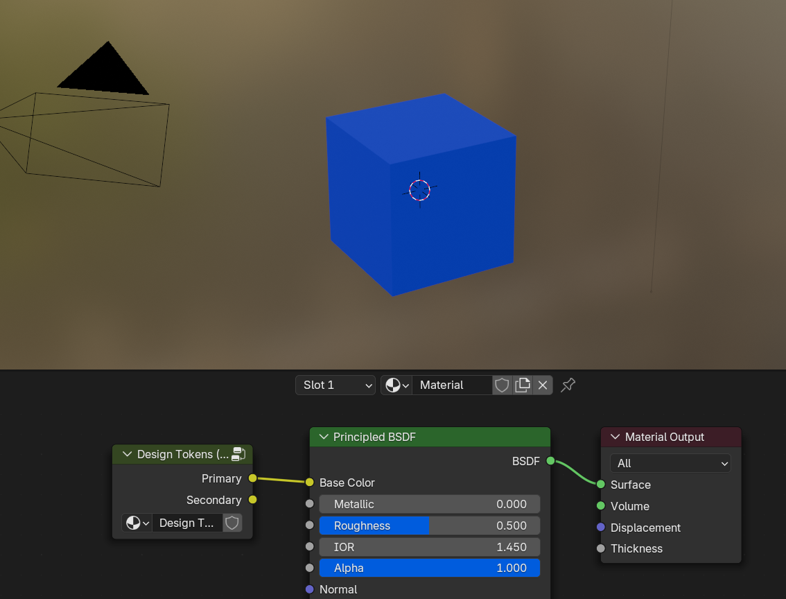 Blender with the material graph open and a Design Tokens node connected to the Base Color of the Principled BSDF node.