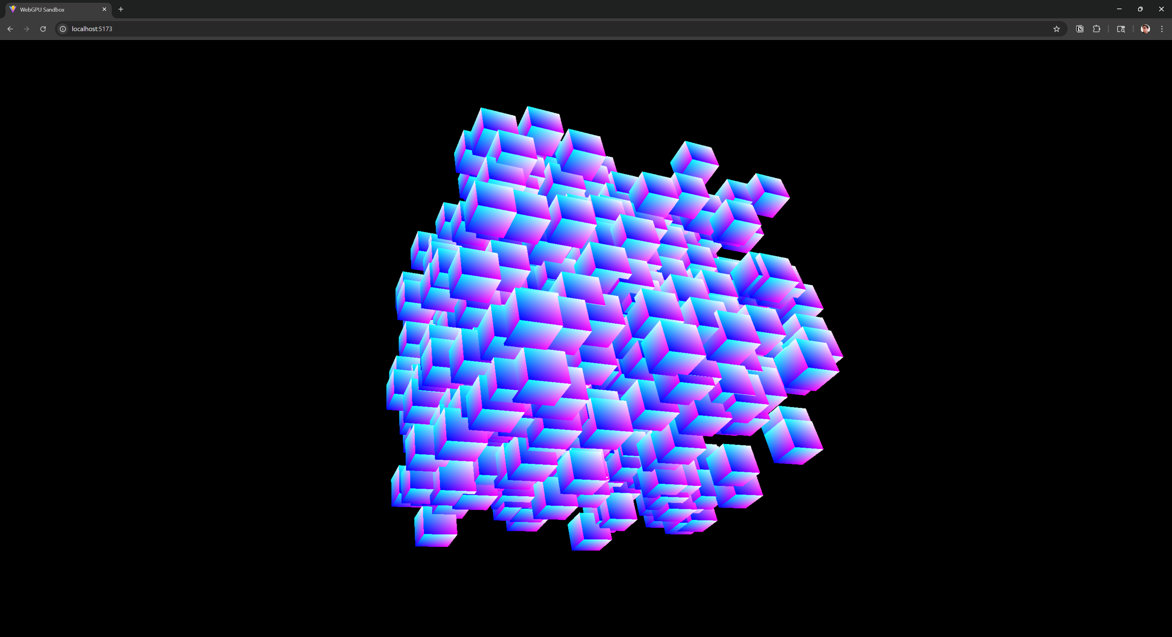 A web app rendering hundreds of 3D cubes stacked closely to resemble a large, broken up cube.