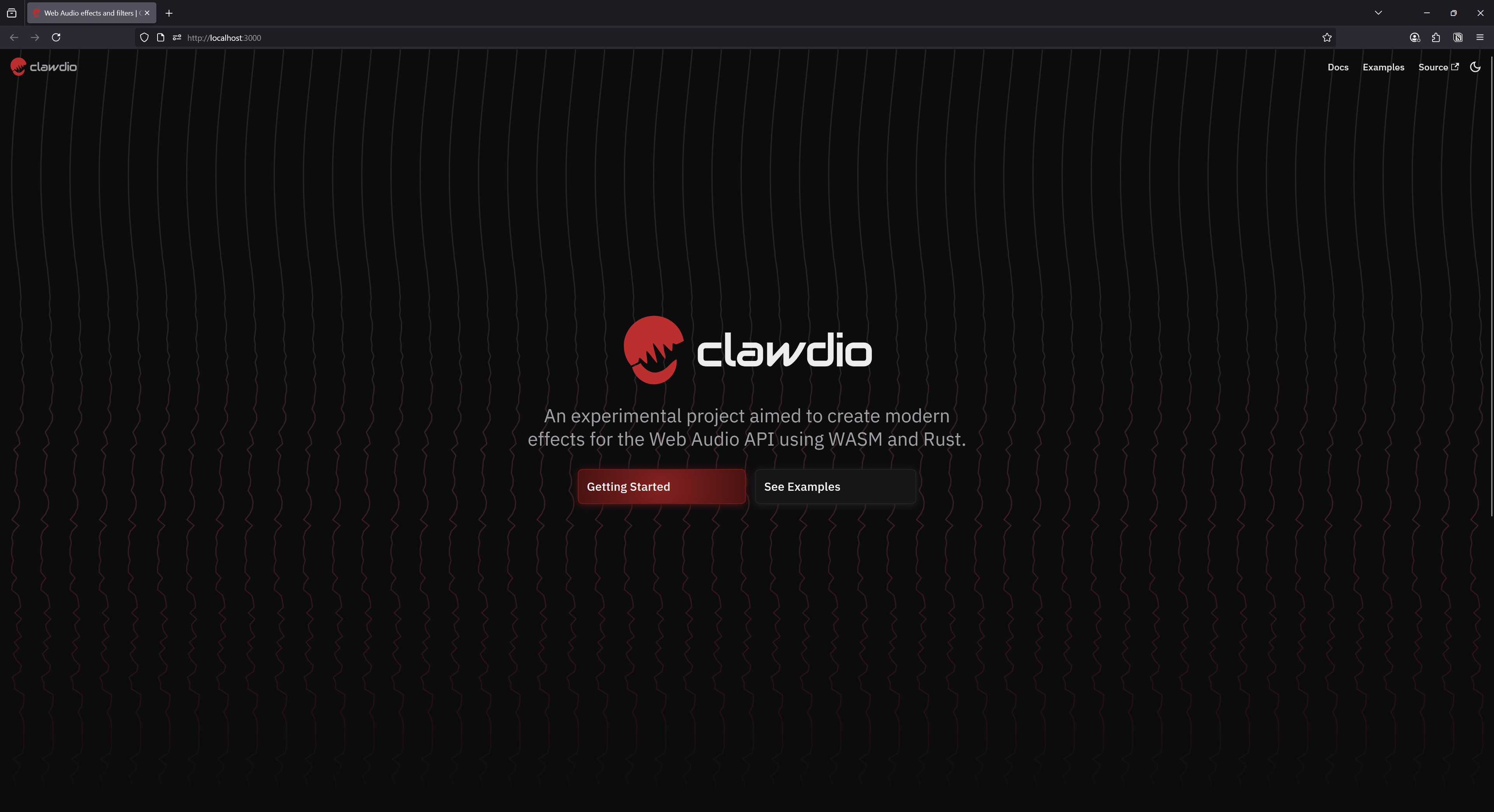 The Clawdio documentation frontpage with the Clawdio logo, text underneath that reads “An experimental project aimed to create modern effects for the Web Audio API using WASM and Rust”, with a big red Getting Started button underneath alongside a gray See Examples button. The background features audio waveform lines repeated horizontally, gradating vertically from gray to red, and going from a simple sine wave to a more complex signal.