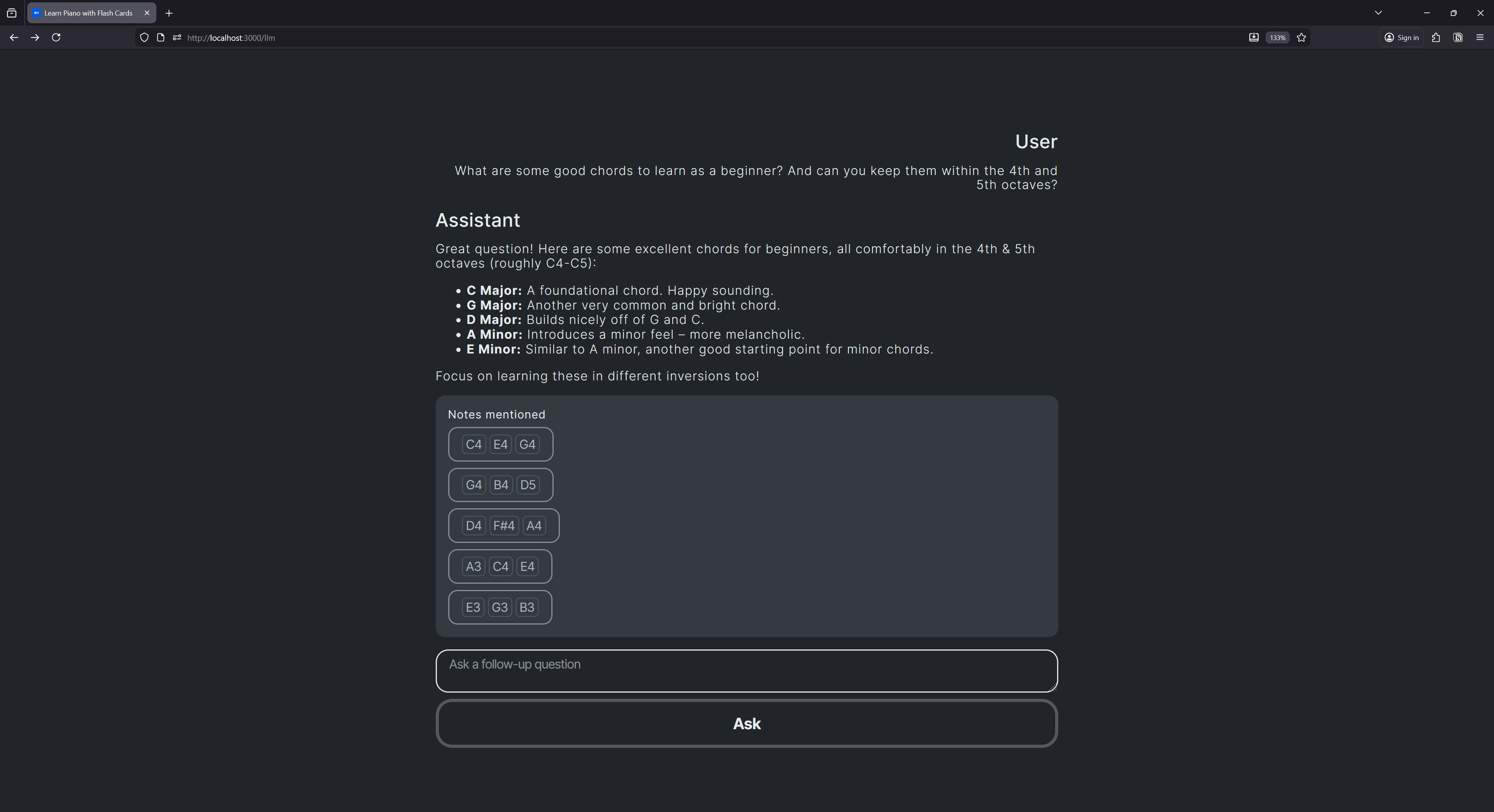 An LLM chat with the user asking for beginner chords and the assistant returning a list, as well as a card underneath with sets of notes as buttons.