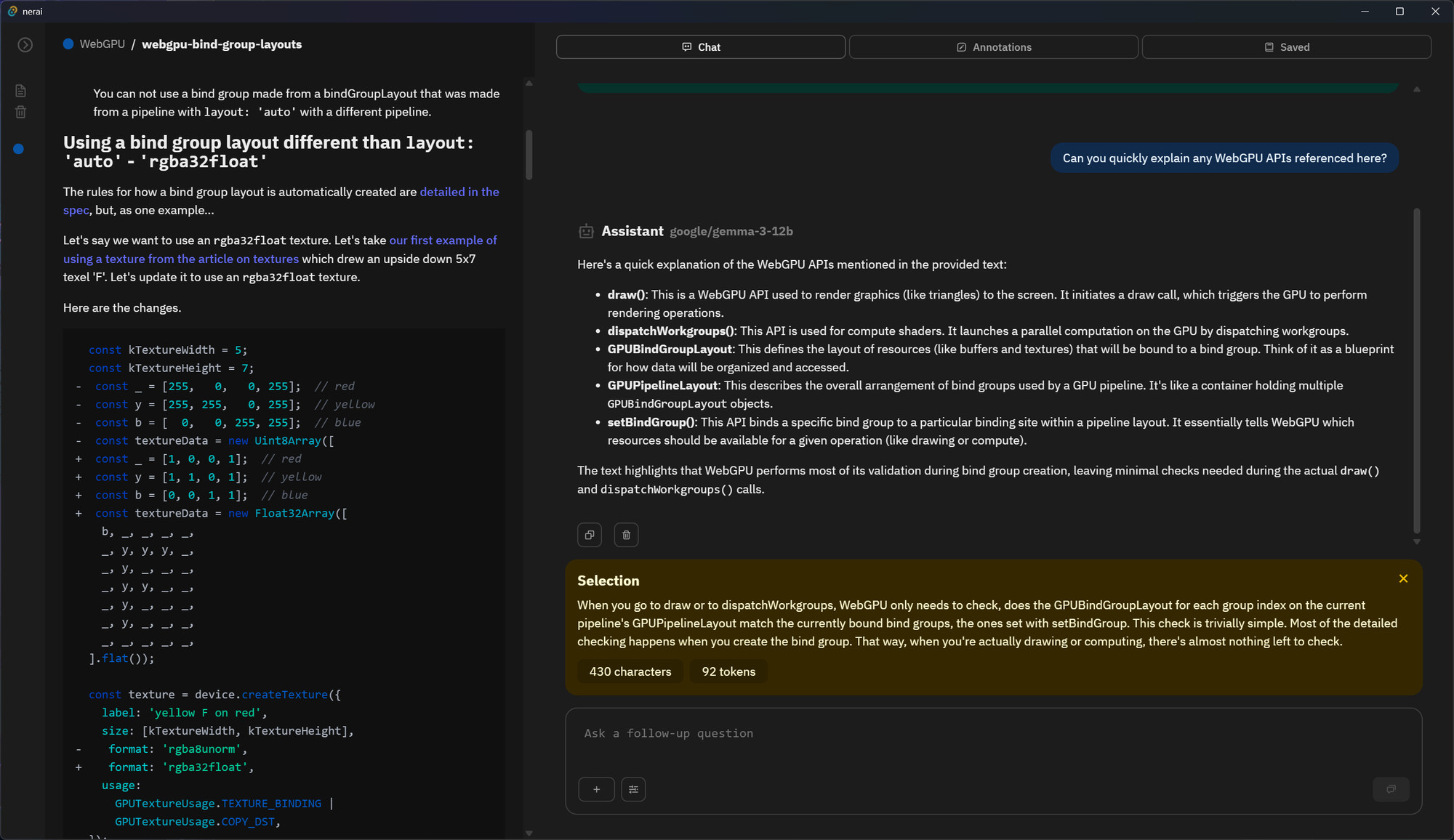A desktop app with a WebGPU Markdown file rendered on left, and a LLM chat on right talking about the file. 