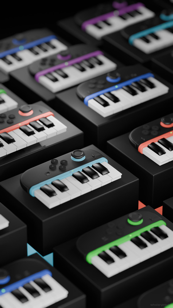 3D model of Nintendo Switch 2 Joycon Pianos in various colors stacked on platforms in a grid at varying heights
