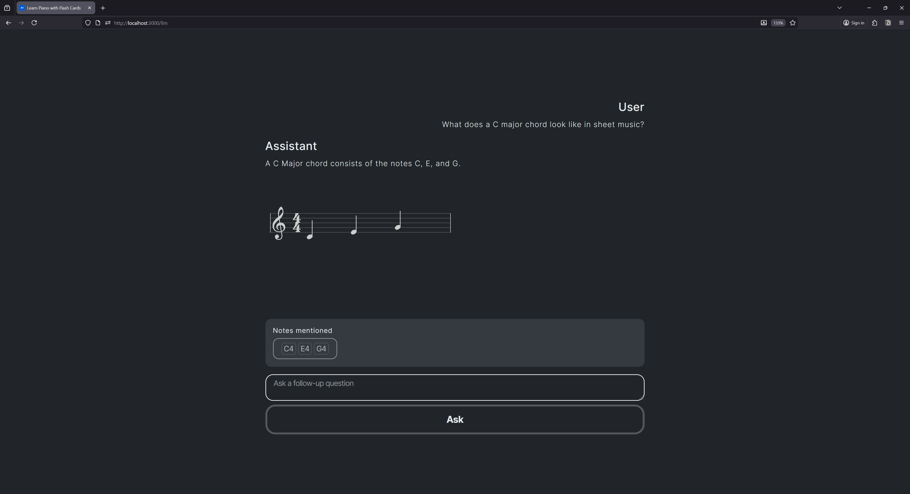 An LLM chat with the user asking “What does a C major chord look like in sheet music?” and the assistant replying with “A C Major chord consists of the notes C, E, and G” and displaying the notes as sheet music (albeit separately as eighth notes and not as a combined chord).