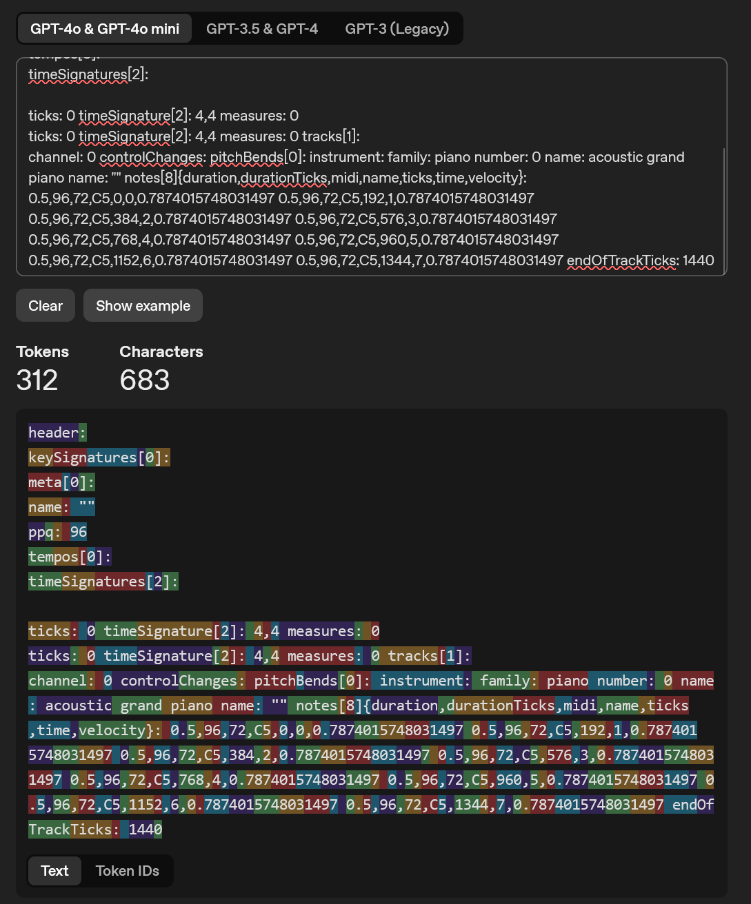 The OpenAI token counter with a textbox on top containing the MIDI data in TOON format, and below is a count of tokens and characters. And below that is a visualization of the text with each token highlighted, ranging in different colors. The token count is 312.