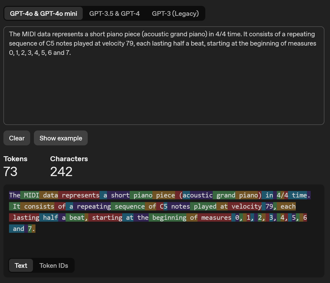 Similar to above with the token counter, but this one has the MIDI summarization, and a much lower token count of 73. 